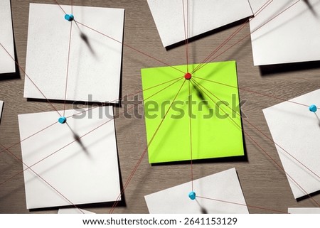 Sticky notes with red threads pinned to surface, one green note in center, abstract concept of creative investigation or business analysis, 3D Rendering