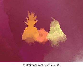 Still life, abstract with watercolor texture and fruit patterns (pineapple, pear and pomegranate) on purple background - Powered by Shutterstock