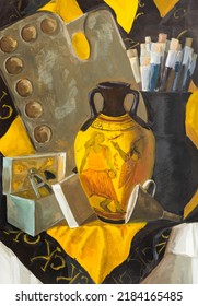 Still Life With Ancient Greek Vase, Art Palette And Paintbrushes Hand-painted By Tempera Paints On White Paper