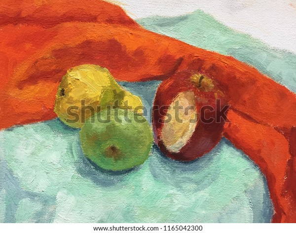 Still Life Apples Pear Red Blue Stock Illustration 1165042300