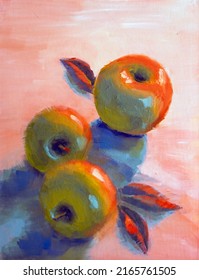 Still life and apples in red light  Oil painting