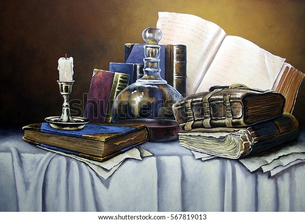 Still Life Books Paintings Stock Illustration 567819013