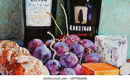 Still Life With Bottles Of Wine, Pink Grape, Two Types Of Cheese And Bread. Created In The Provence Style. Oil Painting On Canvas.