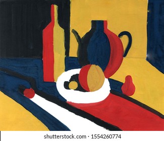 still life Chiaroscuro contrast light   shadow  acrylic painting Minimal graphics palette  Teapot  bottle  plate  fruits   vegetables Blue yellow red white black
