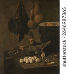 Still Life with Chickens and Eggs (1640 - 1660) by Giovanni Battista Recco. Beautiful old still life painting, vintage artwork. Hunted bird in vintage still life artwork, painting.