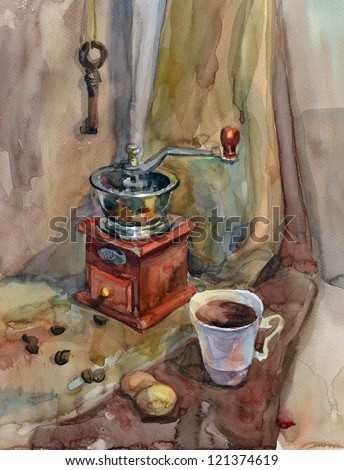 Still life with coffee grinder. Coffee mill fine art painting. Watercolor illustration.