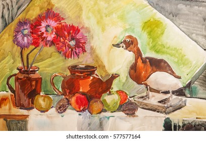 Still life composition illustration and teapot  flowers  fruits   stuffed duck