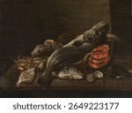 Still Life with Fish (1645 - 1681) by Isaac van Duynen. Beautiful old still life painting, vintage artwork. Food in vintage still life painting, artwork.