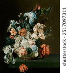 Still Life with Flowers (1762) by Cornelia van der Mijn. colorful flower vase. Vintage flower art drawing illustration, old botanical floral plant oil painting art print.