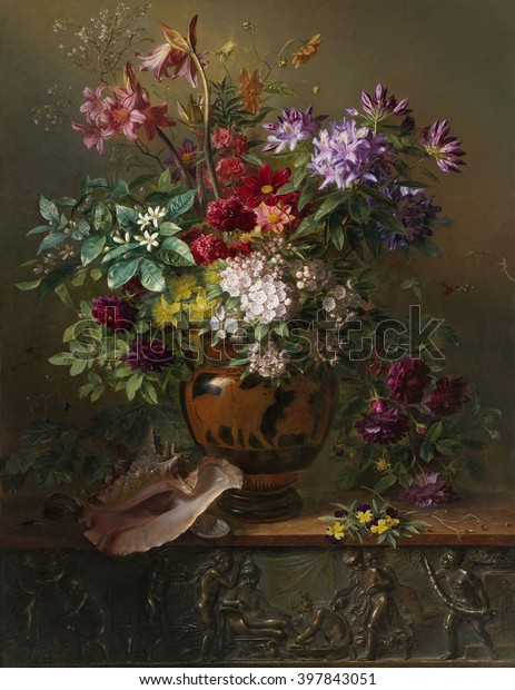 Still\
Life with Flowers in a Greek Vase: Allegory of Spring, by Georgius\
Jacobus van Os, 1817, Dutch painting, oil on\
canvas