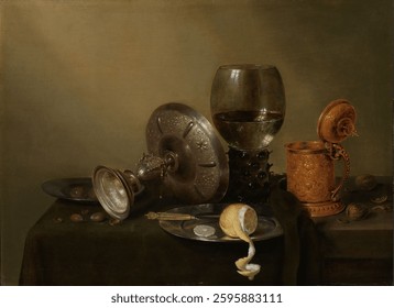 Still life with a Gilded Beer Tankard (1634) by Willem Claesz Heda. Vintage still life oil painting. Still life artwork.