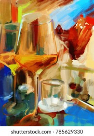 Still Life With Glasses Of Wine. Made In Abstract Style In Oil On Canvas.