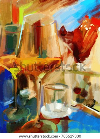 Still life with glasses of wine. Made in abstract style in oil on canvas.