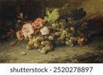 Still Life with Grapes by Margaretha Roosenboom (1853 –1896). Vintage art Grapes illustration, old Grapes painting art print. Vintage fruits drawing by Margaretha Roosenboom; grapes. 