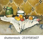 Still Life with Jar, Cup, and Apples (ca. 1877) by Paul Cézanne. Vintage Paul Cézanne still life art illustration, old apples and jar painting art print.