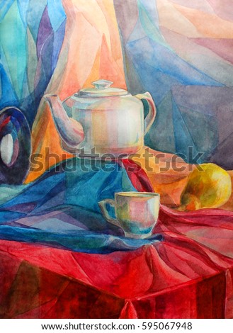 Still life kettle and mug watercolor