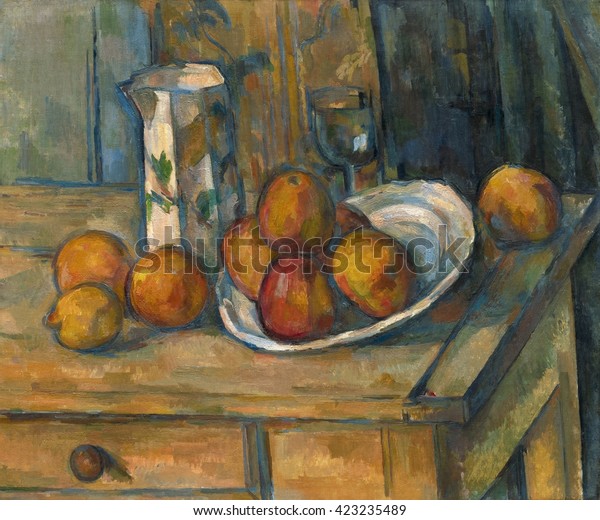ミルク ジャグ アンド フルーツ ポール セザンヌ著 1900年フランスの印象派絵画 キャンバスに油を塗った作品 これは赤とオレンジを使った濃い色の絵で 青と緑に対して のイラスト素材