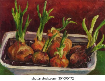 Still Life With Onions. Oil Painting