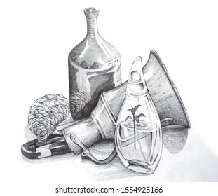 
Still life pencil drawing hand drawing pine cone  bottle  copper teapot  falcata cutting tool                               