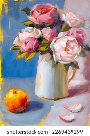Still life and peonies   apple  oil painting canvas