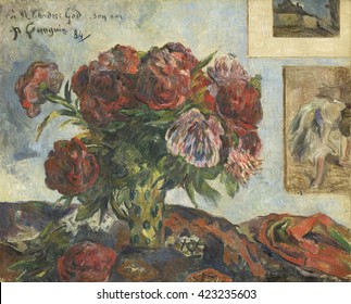Still Life with Peonies, by Paul Gauguin, 1884, French Post-Impressionist painting, oil on canvas. This work was painted two years after Gauguin became a full time artist. He developed an impressioni