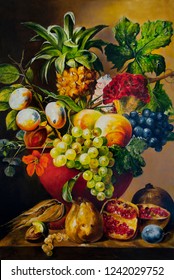 Still Life With Pineapple, Pomegranate And Grapes. Oil Painting