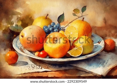 Still life, a plate of fruit on a table, a painting painted in watercolor on textured paper. Digital watercolor painting
