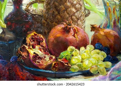 Still life with pomegranate, pineapple and grapes fruit. Oil painting on canvas.