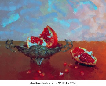 Still life with pomegranate in a silver vase. Oil painting in the style of modern impressionism.