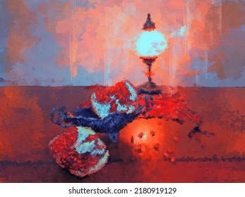 
Still life with a pomegranate in a silver vase and an oriental lamp in red and blue tones. Digital oil painting with large strokes in the style of modern impressionism.