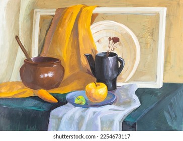 still life and pot  kettle  carrot  apples   picture frame hand painted and tempera paints paper