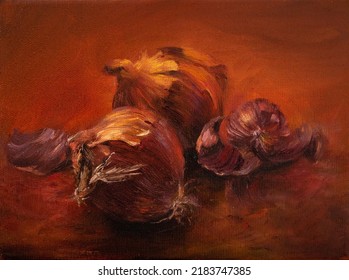 Still Life With Red Onion Red Background. Oil Painting Canvas. Beautiful Vegetables Print Printable Art Wall Decor, Copy Space, Rustic Harvest Vegan Concept, Ripe Vibrant Purple Kitchen Organic.