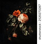 Still Life with Roses by Elias van den Broeck. Vintage Still Life with Roses art drawing illustration, old Still Life with Roses painting art print. roses, flowers. Flowers on black background.