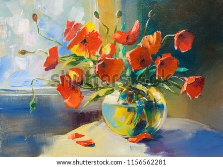 Still life. Scarlet poppies in a vase on the table. Painting: oil, canvas.