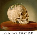 Still life with a skull and a forget-me-not oil painting by Frantisek Klimkovic. Human skull still life. Vintage human dead skull art drawing illustration, old painting art print. Death concept.