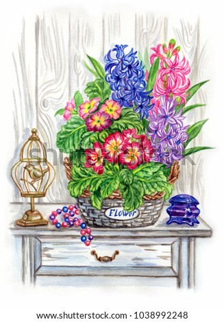 Still life in the style of Provence with a basket of spring flowers, watercolor painting. Spring Easter composition, watercolor drawing, print for poster, postcard, etc.