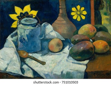 Still Life with Teapot and Fruit, by Paul Gauguin, 1896, French Post-Impressionist oil painting. Gauguins still life has mangoes and a Tahitian-style printed cloth as a backdrop. There is a figure at