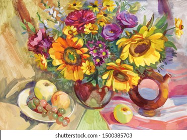 Still life in Ukrainian style and fruits   sunflowers  Gouache painting