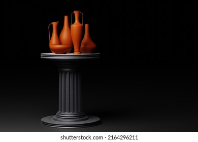 Still Life With Vessels Pots On Stone Column. 3D Illustration