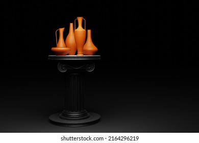 Still Life With Vessels Pots On Ionic Column. 3D Illustration