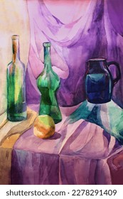 Still life in watercolor and green bottles  jug   an apple  On textured paper  Abstract painting in purple colors 