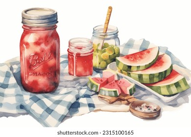 Still life with watermelon drink illustration. Watercolor hand painted summer cocktail. Drinks menu design. Watermelon smoothie. Bar red drink design. - Powered by Shutterstock