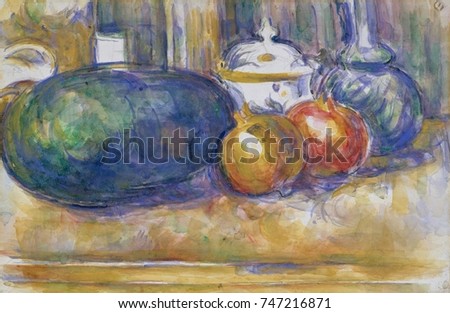 Still-Life with a Watermelon and Pomegranates, by Paul Cezanne, 1900-06, French Post-Impressionism. Watercolor painting over graphite on paper