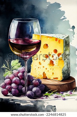 Still-life with wine glass cheese and grapes watercolor painting