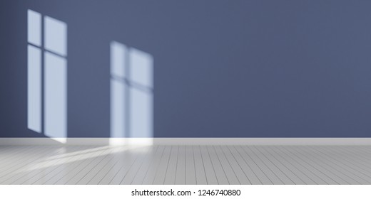 Stimulate Image Of White And Blue Empty Room With Laminate Wood Floor With And Sun Light Cast Shadow On The Wall,Perspective Of Minimal Design Architecture. 3D Rendering.