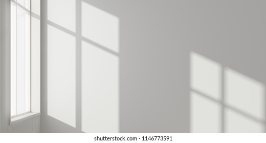 Stimulate Scene Of White Empty Room With Sun Light Cast Shadow On The Laminate Wood Wall And Plank Floor,Perspective Of Minimal Architecture. 3D Rendering
