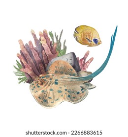 A stingray swims next to sea angel fish coral reef isolated white background  Watercolor illustration underwater animals   plants  Ocean Dwellers is suitable for design  postcards