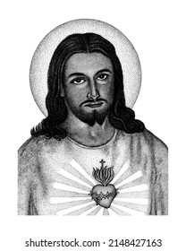 Stipple drawing Sacred Heart Jesus  Black  white  Religious  suitable for Wall frame  Printing  etc 