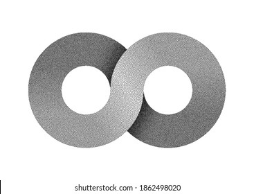 Stippled Infinity sign made of two combined rings. Textured limitless strip symbol. 3d illustration isolated on white background.