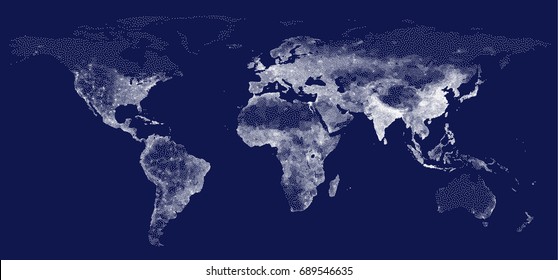 Stippled Map Of Global Population Density On A Dark Background.